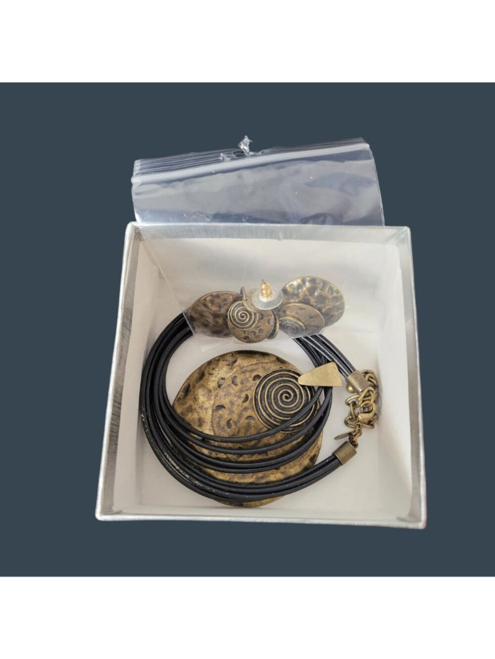 Brass Spiral Pendant Necklace Earrings Multi-strand Cord Bohemian Ethnic Artisan - Picture 7 of 11
